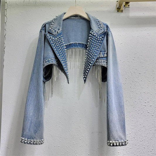 Beaded Denim Cropped Jacket