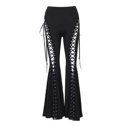 Black Punk Lace Up Flared Pants