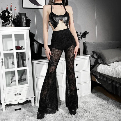 Y2K Gothic Lace Flare Mesh Pants