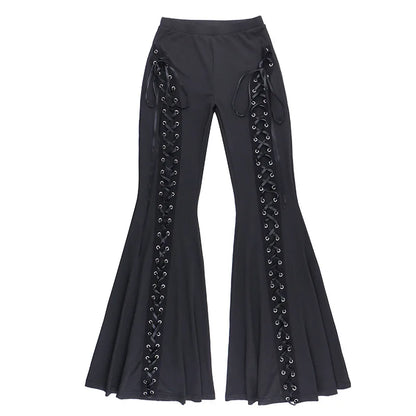 Black Punk Lace Up Flared Pants