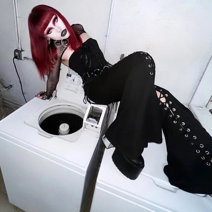 Black Punk Lace Up Flared Pants