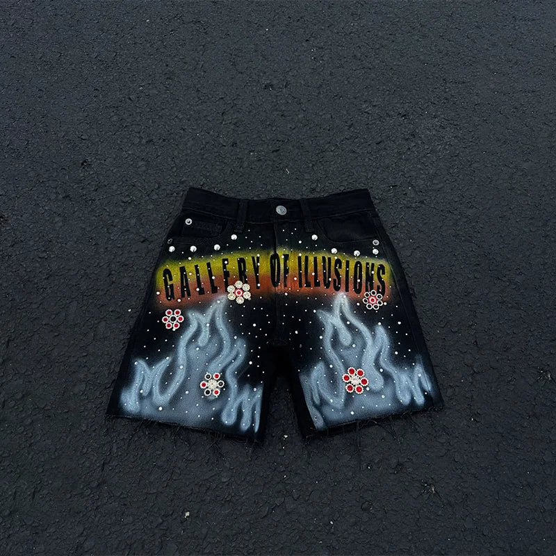 Rhinestone Flame Denim Shorts