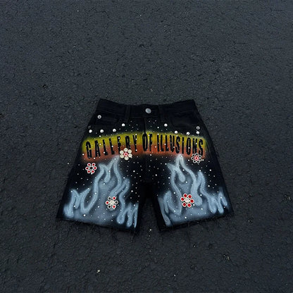 Rhinestone Flame Denim Shorts