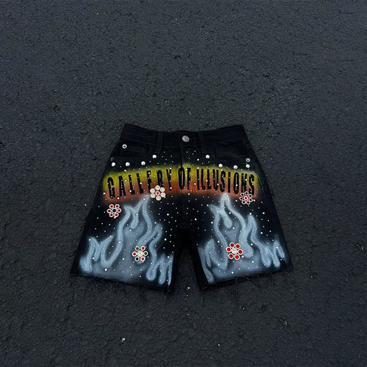 Rhinestone Flame Denim Shorts
