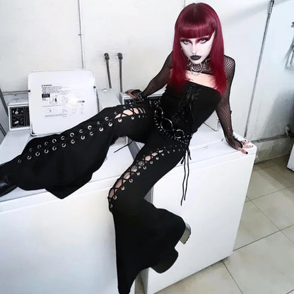 Black Punk Lace Up Flared Pants