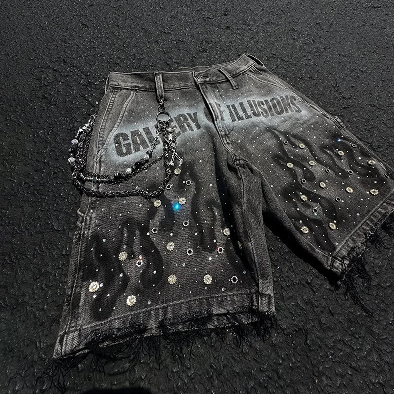 Rhinestone Distressed Denim Shorts