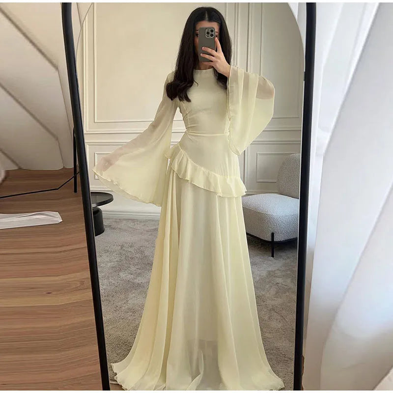 Fashion Flare Sleeve Ruff Long Dress