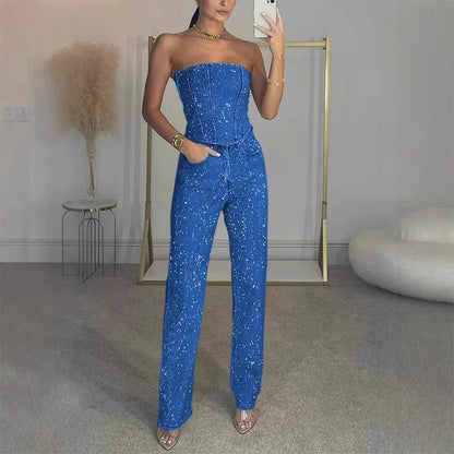 Rhinestone Slim Denim Set