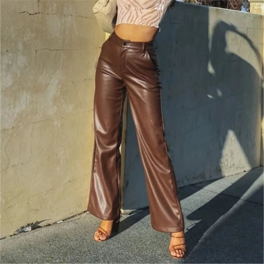 Solid Color High-Waist PU Pants