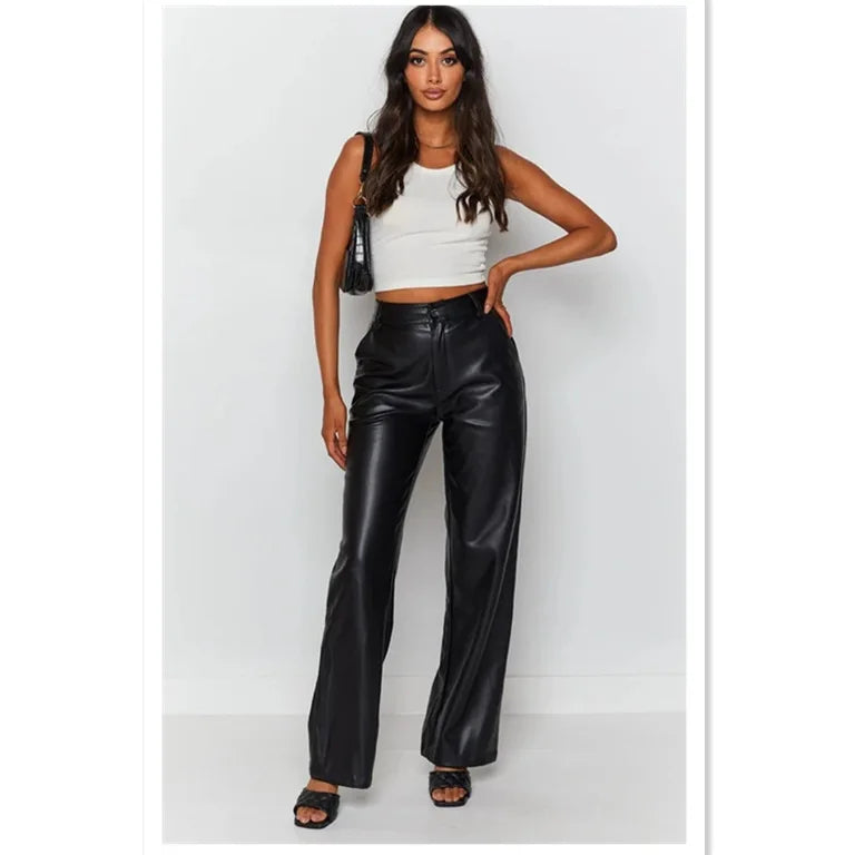 Solid Color High-Waist PU Pants