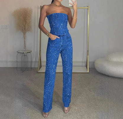 Women Rhinestone Two-Piece Set