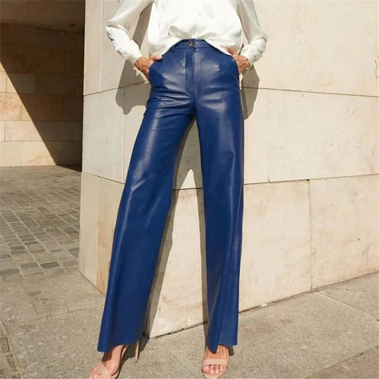 Solid Color High-Waist PU Pants