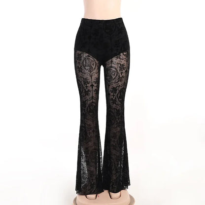 Y2K Gothic Lace Flare Mesh Pants