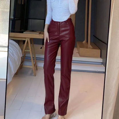 Solid Color High-Waist PU Pants