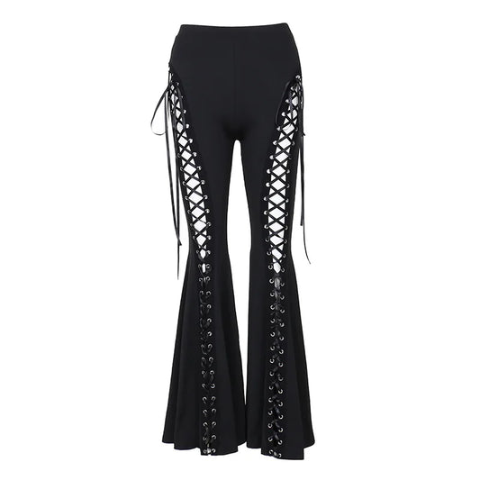Black Punk Lace Up Flared Pants