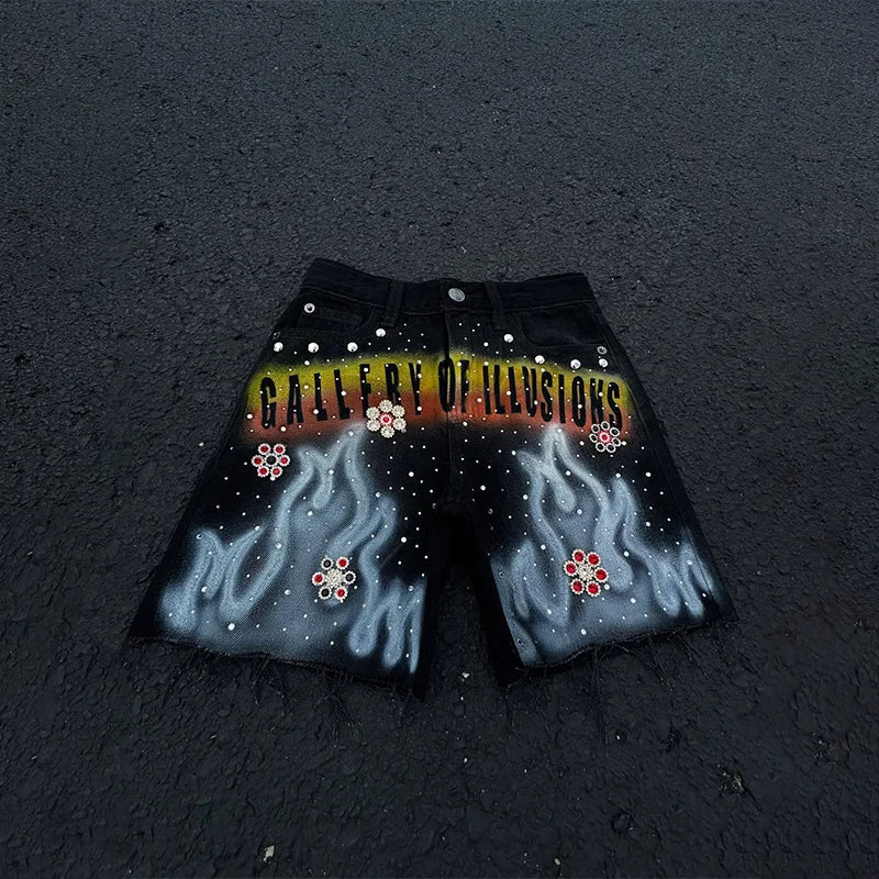 Rhinestone Flame Denim Shorts