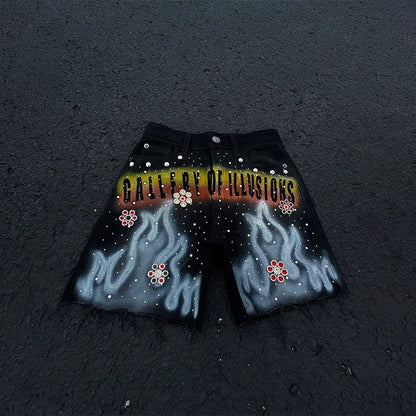 Rhinestone Flame Denim Shorts