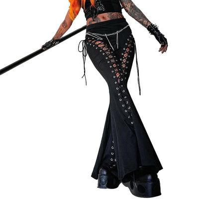 Black Punk Lace Up Flared Pants