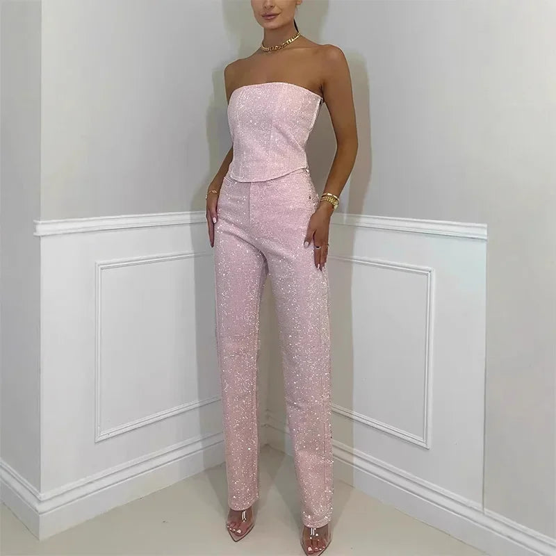 Rhinestone Slim Denim Set