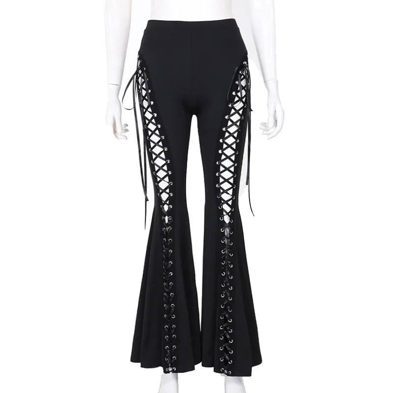 Black Punk Lace Up Flared Pants