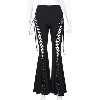 Black Punk Lace Up Flared Pants