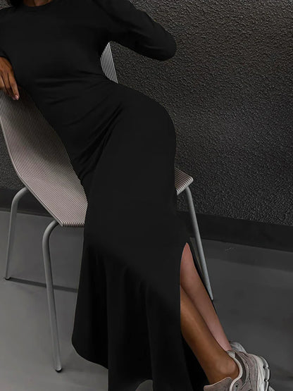 Solid Full Sleeves O-Neck Dress