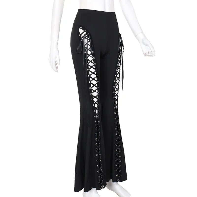 Black Punk Lace Up Flared Pants