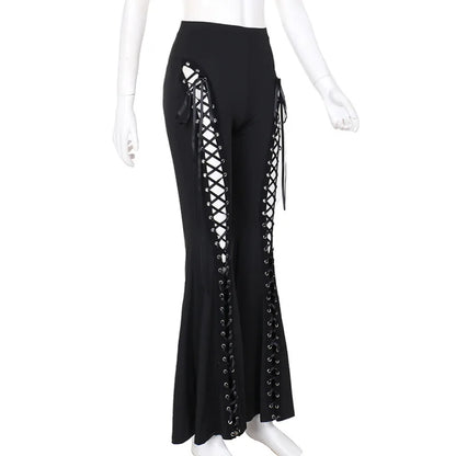 Black Punk Lace Up Flared Pants