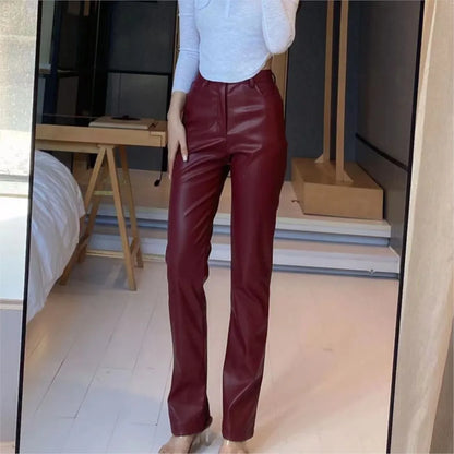 Solid Color High-Waist PU Pants