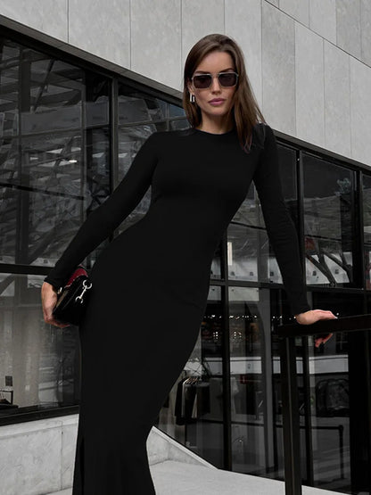 Solid Full Sleeves O-Neck Dress
