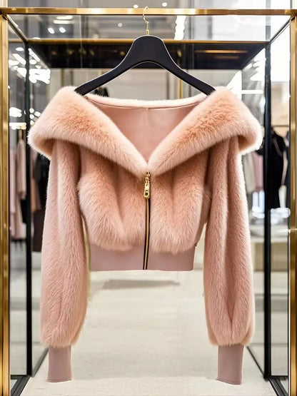 Fluffy Faux Fur V-Neck Jacket