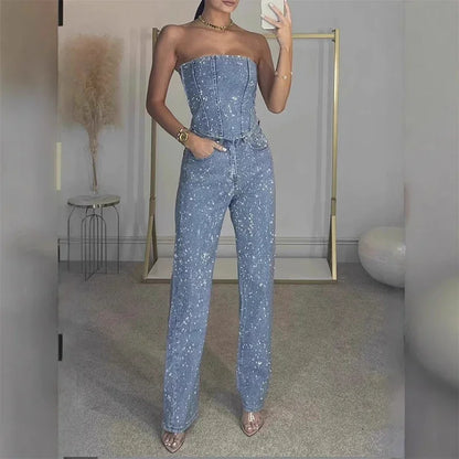 Rhinestone Slim Denim Set