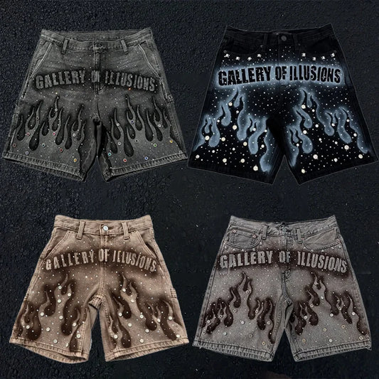 Rhinestone Flame Denim Shorts