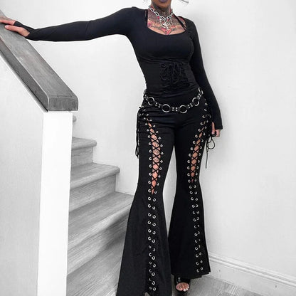 Black Punk Lace Up Flared Pants