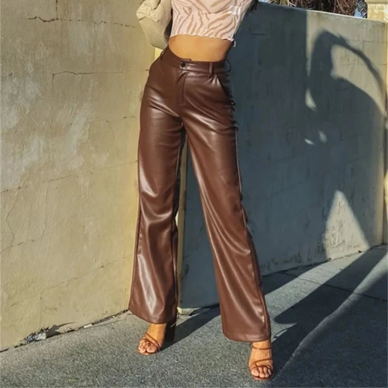 Solid Color High-Waist PU Pants