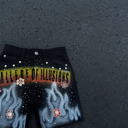 Rhinestone Flame Denim Shorts