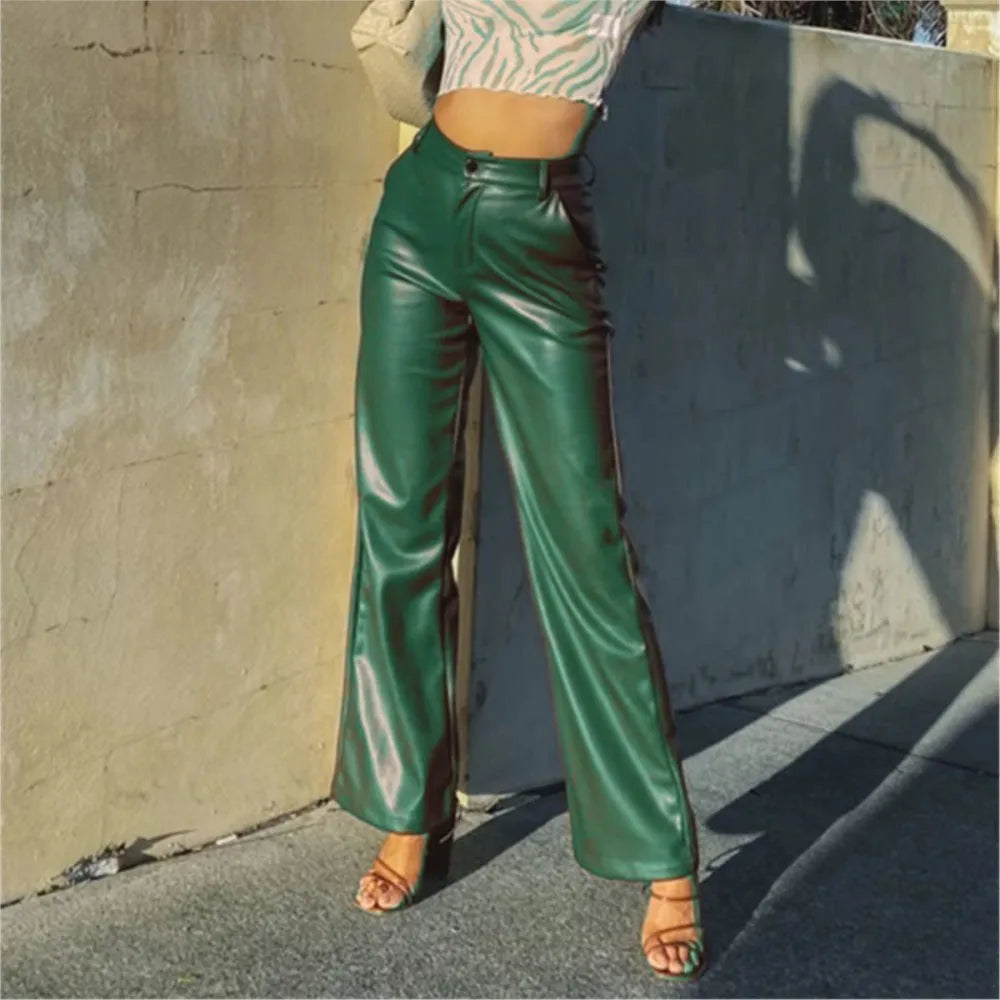 Solid Color High-Waist PU Pants