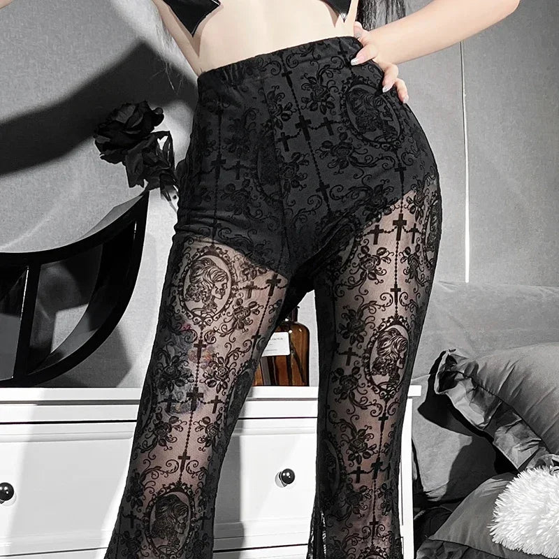 Y2K Gothic Lace Flare Mesh Pants