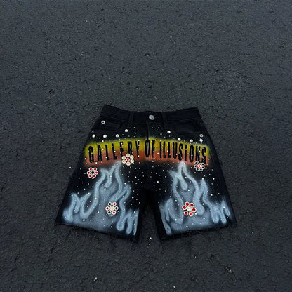 Rhinestone Flame Denim Shorts