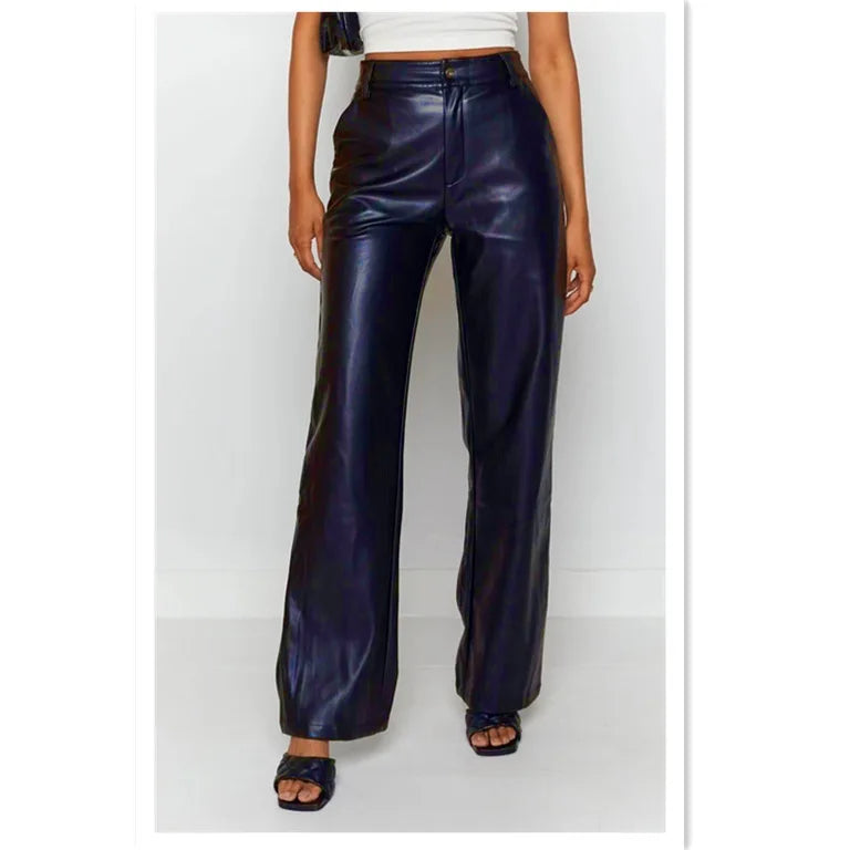Solid Color High-Waist PU Pants