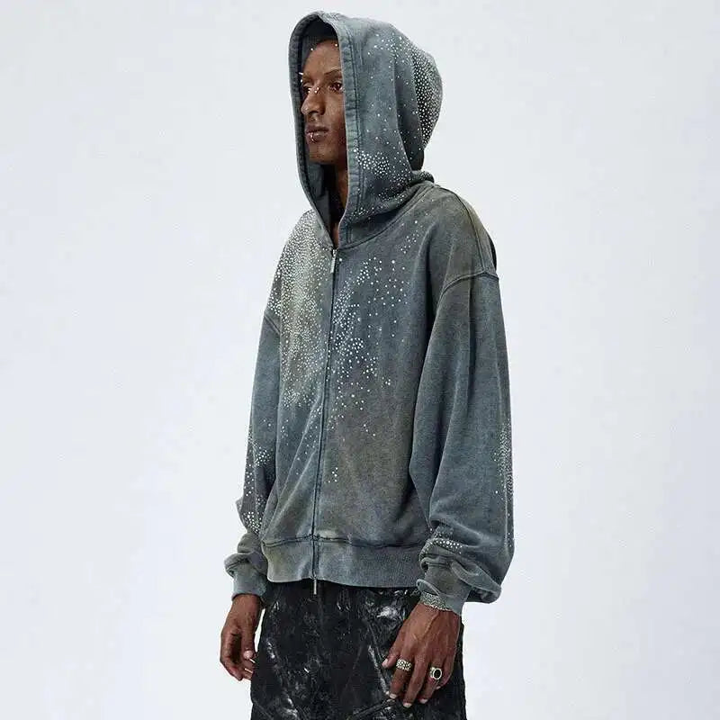 Rhinestone Washed Zip Hoodie