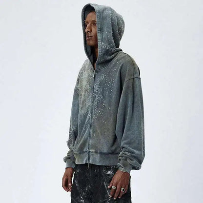 Rhinestone Washed Zip Hoodie