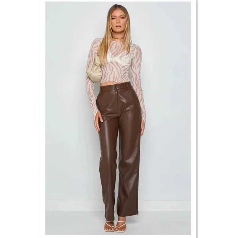 Solid Color High-Waist PU Pants