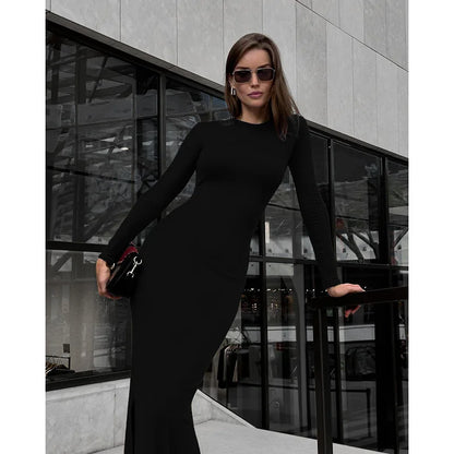 Solid Full Sleeves O-Neck Dress