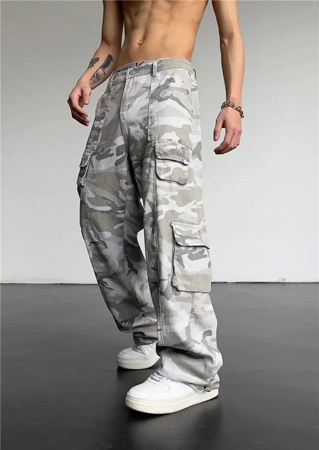 New 2025 Camouflage Cargo Pants for Men Elastic Waist Casual Pants Spring Autumn Hiphop Multi Pocket Baggy Streetwear Trousers
