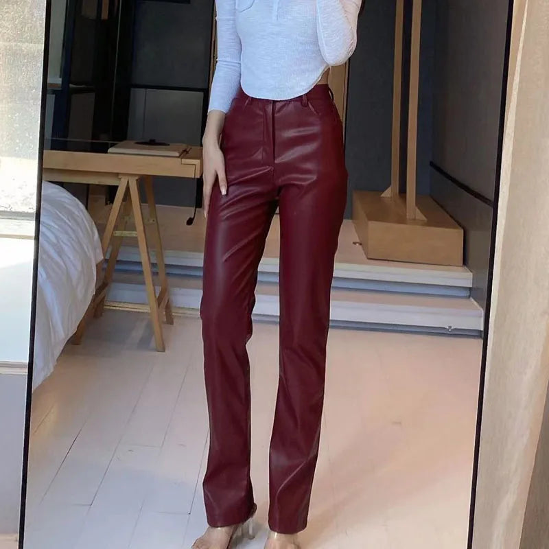 Solid Color High-Waist PU Pants