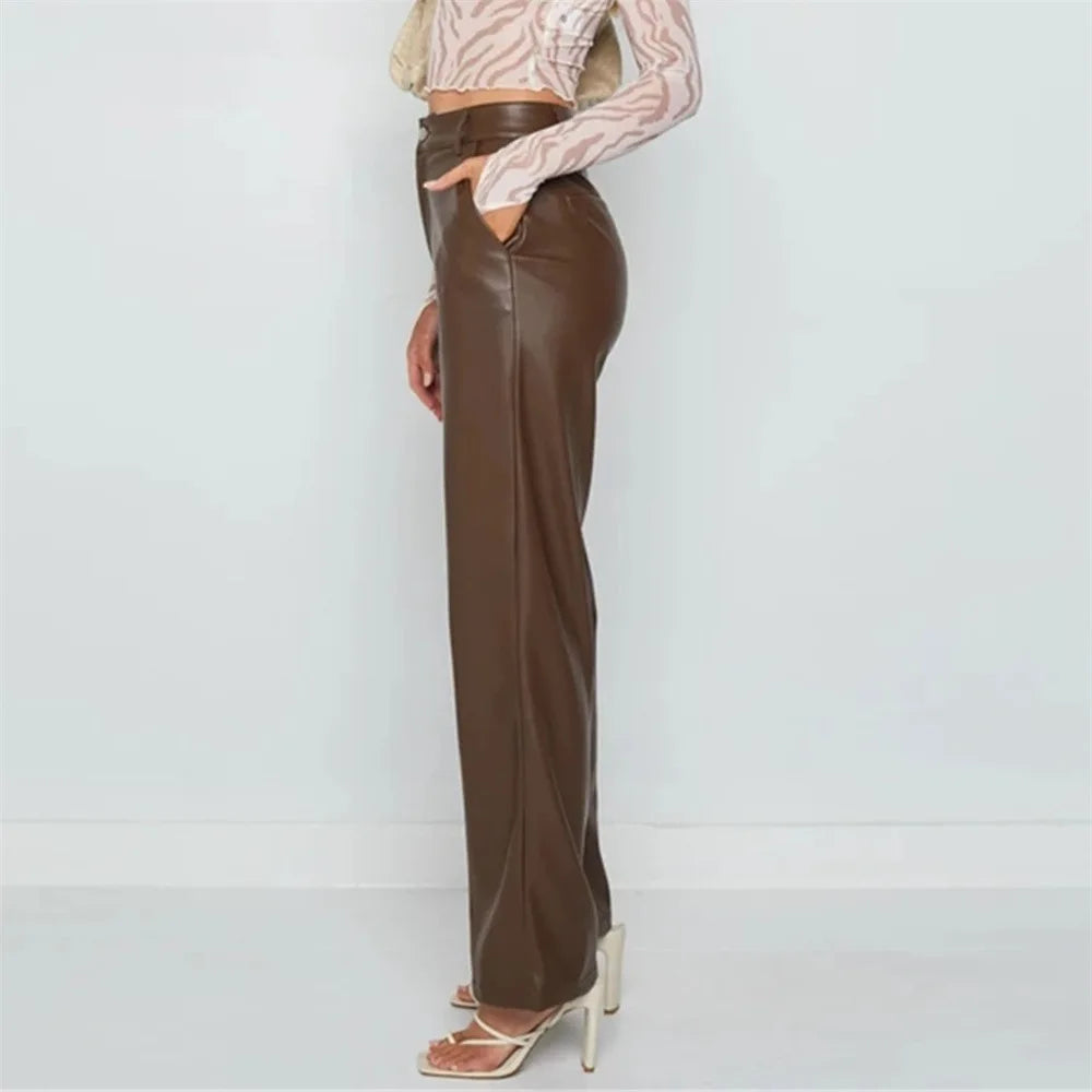 Solid Color High-Waist PU Pants