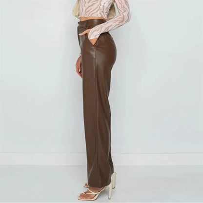 Solid Color High-Waist PU Pants