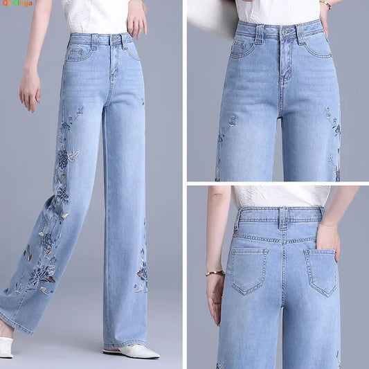 Embroidered Wide Leg Jeans