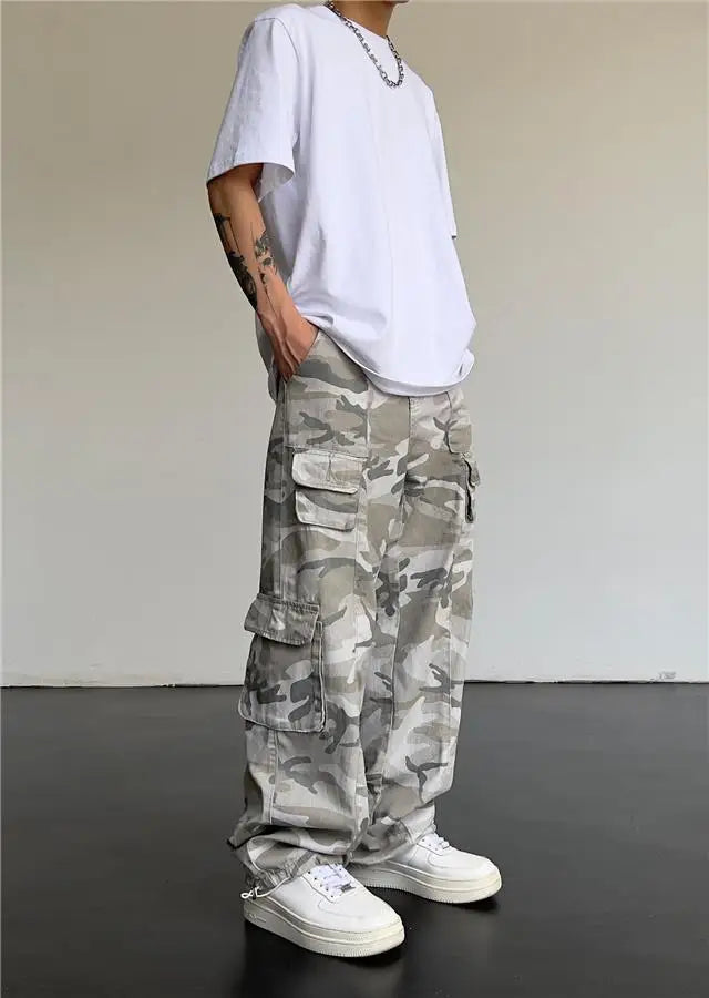 New 2025 Camouflage Cargo Pants for Men Elastic Waist Casual Pants Spring Autumn Hiphop Multi Pocket Baggy Streetwear Trousers